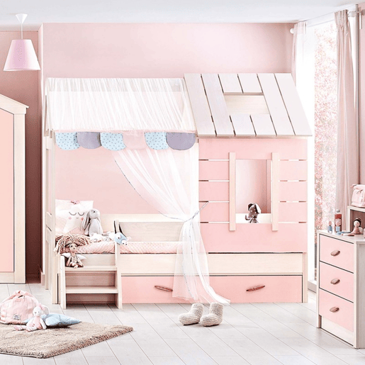 Cama criança casinha + gaveta em aglomerado rosa 90x200cm