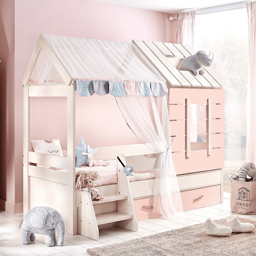 Cama criança casinha + gaveta em aglomerado rosa 90x200cm