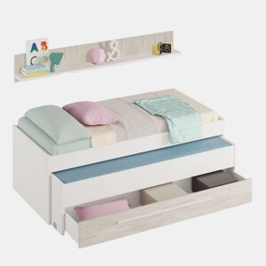 Cama e prateleira em aglomerado branco + estrados e colchões 65x199x96cm