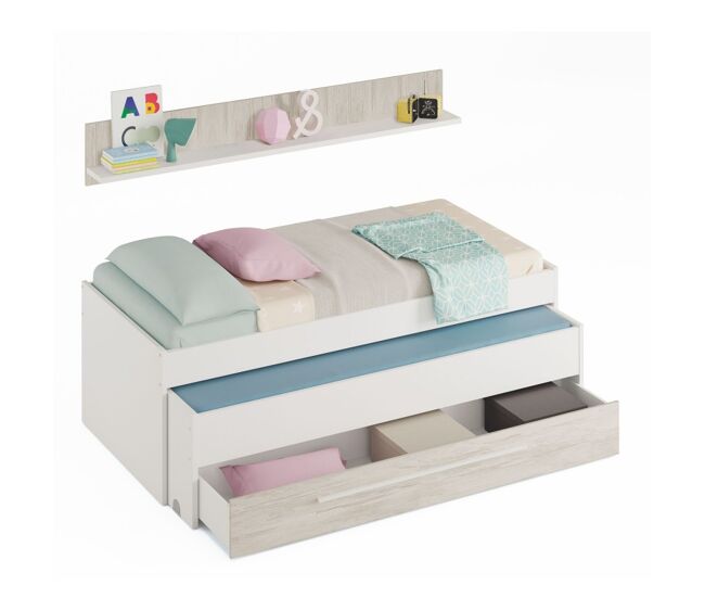 Cama y estante aglomerado blanco + somieres y colchones 65x199x96cm