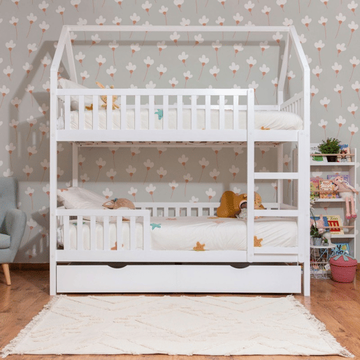 Beliche casinha + cama elevável em madeira branca 90x19090x190cm