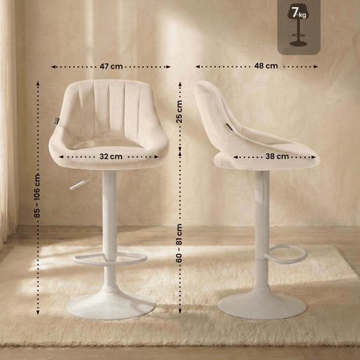 Taburete de bar Milet de terciopelo Crema 48X47X85 cm