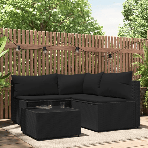 vidaXL 4 pcs conjunto lounge de jardim c almofadões vime PE preto