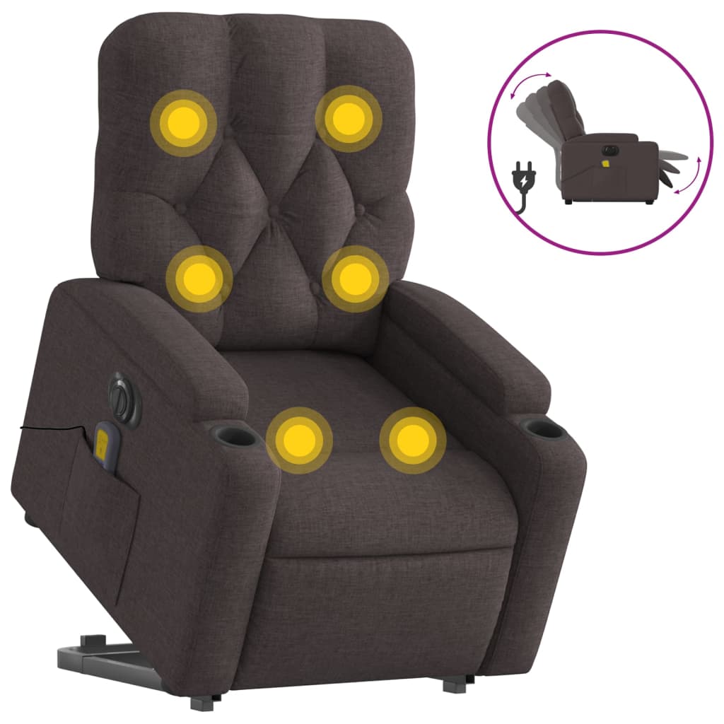 Vidaxl sillón masaje eléctrico reclinable elevable tela marrón oscuro