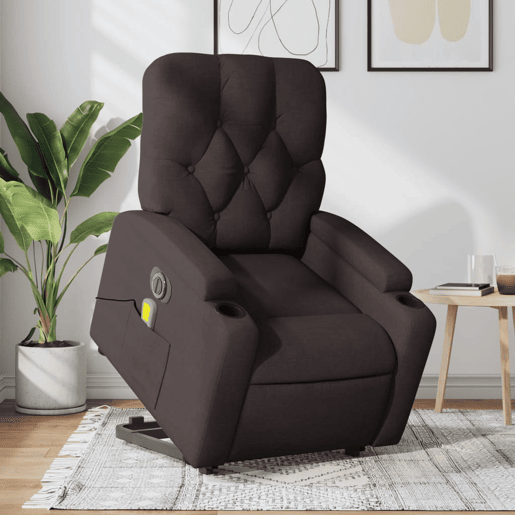 vidaXL Poltrona elétrica elevatória massagens tecido castanho-escuro
