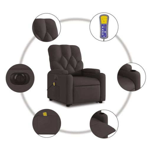 vidaXL Poltrona elétrica elevatória massagens tecido castanho-escuro