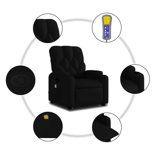 vidaXL Poltrona de massagens reclinável elevatória tecido preto vidaXL Poltrona de massagens reclinável elevatória tecido preto