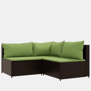 vidaXL 3 pcs conjunto lounge jardim c almofadões vime PE castanho