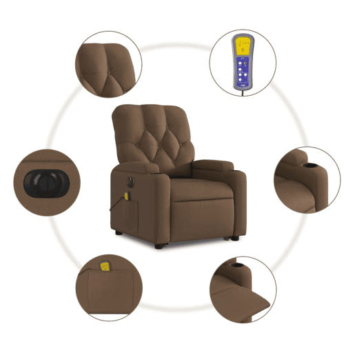vidaXL Poltrona elétrica elevatória massagens tecido castanho