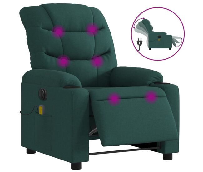 Vidaxl sillón reclinable de masaje eléctrico tela verde oscuro