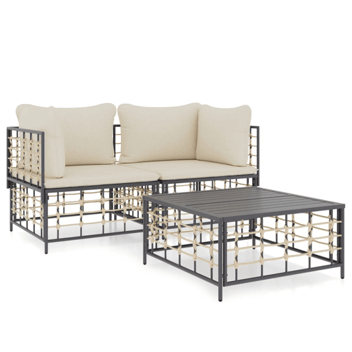 vidaXL 3 pcs conjunto lounge de jardim c almofadões vime PE antracite