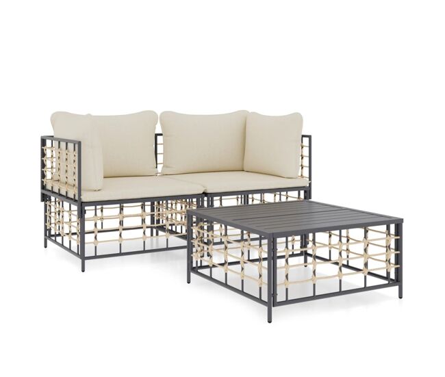 Vidaxl juego de muebles de jardín 3 pzas cojines antracita ratán pe