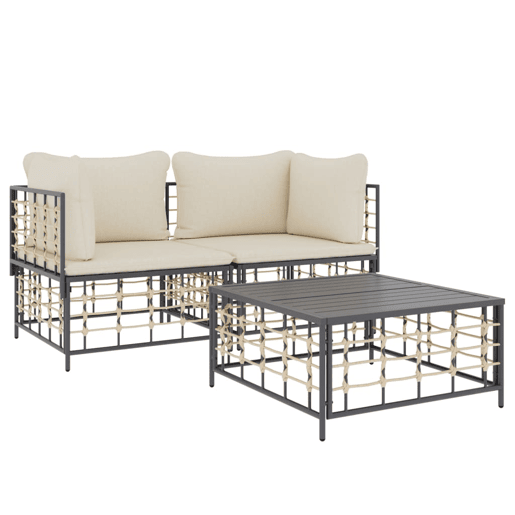 vidaXL 3 pcs conjunto lounge de jardim c almofadões vime PE antracite