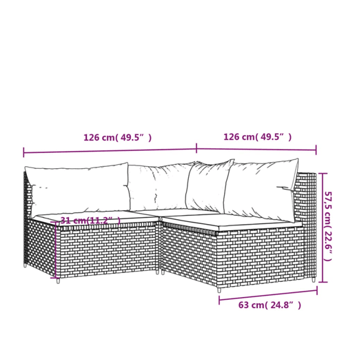 vidaXL 3 pcs conjunto lounge jardim c almofadões vime PE castanho