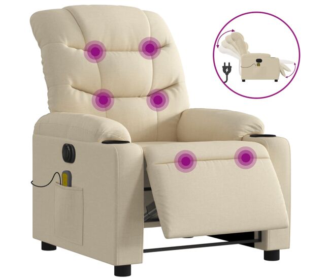 Vidaxl sillón reclinable de masaje eléctrico tela color crema