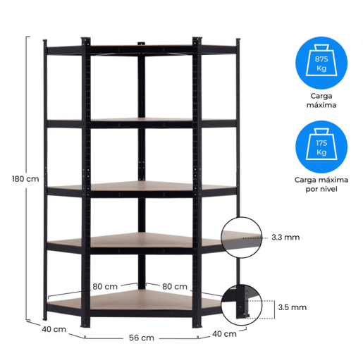 Prateleira Modular de Canto 5 Prateleiras Ajustáveis u200Bu200B180x80x40x56cm 875Kg Thinia Home