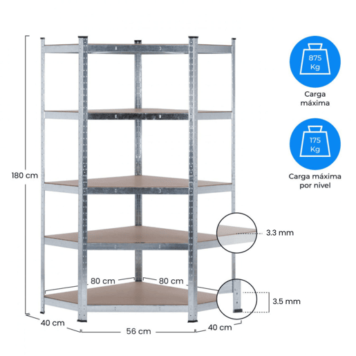 Prateleira de canto modular galvanizada 5 prateleiras ajustáveis u200Bu200B180x80x40x56cm 875Kg 7house