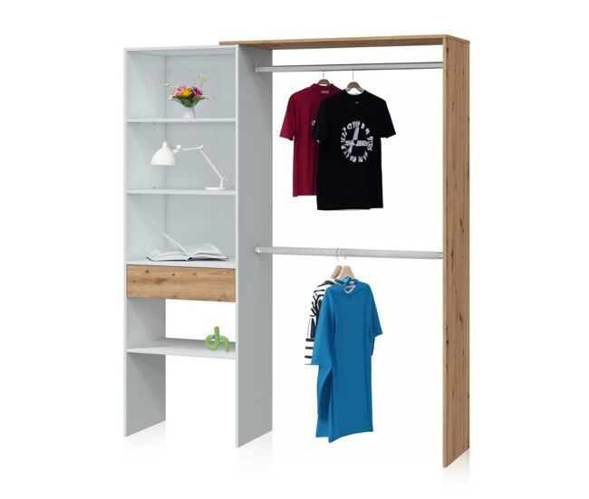 Armario vestidor funcional de gran capacidad en blanco soft y roble nodi 158x187 cm ezra blanco soft - roble nodi 158 x 187 x 40 cm