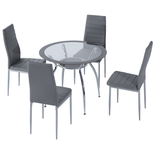 HOMCOM Conjunto de Refeição Mesa e 4 Cadeiras Conjunto de 5 Peças Mesa Redonda de Vidro Temperado Ø90x75 cm e 4 Cadeiras 42x52x96 cm com Pés de Aço Carga Máxima 120 kg Cinza