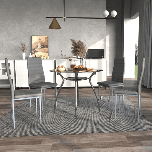 HOMCOM Conjunto de Refeição Mesa e 4 Cadeiras Conjunto de 5 Peças Mesa Redonda de Vidro Temperado Ø90x75 cm e 4 Cadeiras 42x52x96 cm com Pés de Aço Carga Máxima 120 kg Cinza