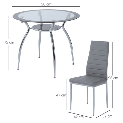 HOMCOM Conjunto de Refeição Mesa e 4 Cadeiras Conjunto de 5 Peças Mesa Redonda de Vidro Temperado Ø90x75 cm e 4 Cadeiras 42x52x96 cm com Pés de Aço Carga Máxima 120 kg Cinza