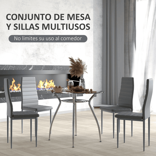 HOMCOM Conjunto de Refeição Mesa e 4 Cadeiras Conjunto de 5 Peças Mesa Redonda de Vidro Temperado Ø90x75 cm e 4 Cadeiras 42x52x96 cm com Pés de Aço Carga Máxima 120 kg Cinza