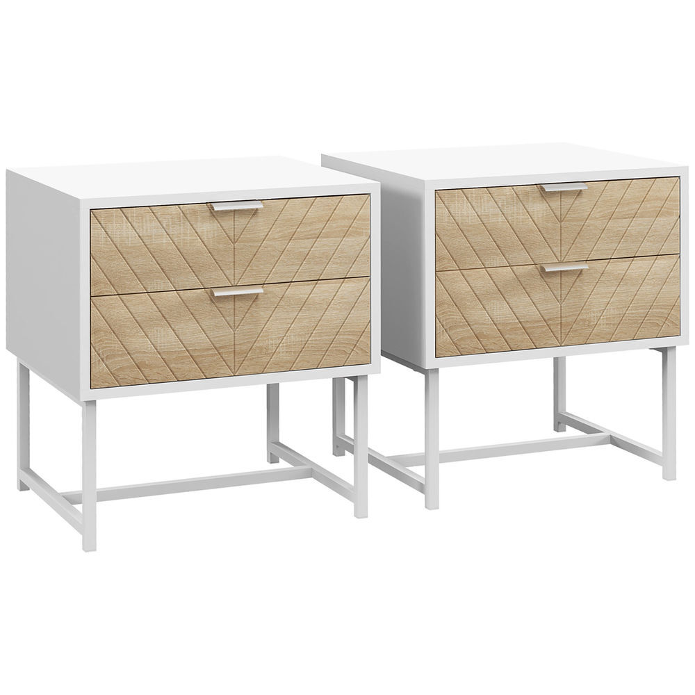 Homcom conjunto de 2 mesillas de noche mesitas de noche de 2 cajones y patas de acero estilo moderno mesitas auxiliares para salón dormitorio 45x39x48 cm blanco y roble