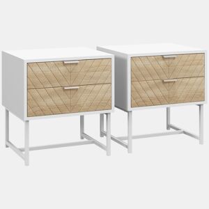 HOMCOM Conjunto de 2 Mesas de Cabeceira Mesas de Cabeceira com 2 Gavetas e Pés de Aço Estilo Moderno Mesas Auxiliares para Sala de Estar Dormitório 45x39x48 cm Branco e Carvalho