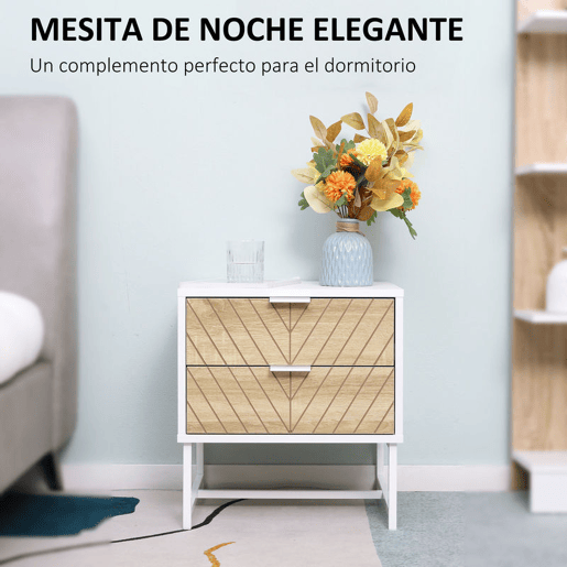 HOMCOM Conjunto de 2 Mesas de Cabeceira Mesas de Cabeceira com 2 Gavetas e Pés de Aço Estilo Moderno Mesas Auxiliares para Sala de Estar Dormitório 45x39x48 cm Branco e Carvalho