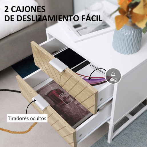HOMCOM Conjunto de 2 Mesas de Cabeceira Mesas de Cabeceira com 2 Gavetas e Pés de Aço Estilo Moderno Mesas Auxiliares para Sala de Estar Dormitório 45x39x48 cm Branco e Carvalho