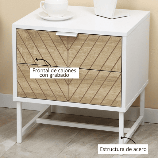 HOMCOM Conjunto de 2 Mesas de Cabeceira Mesas de Cabeceira com 2 Gavetas e Pés de Aço Estilo Moderno Mesas Auxiliares para Sala de Estar Dormitório 45x39x48 cm Branco e Carvalho