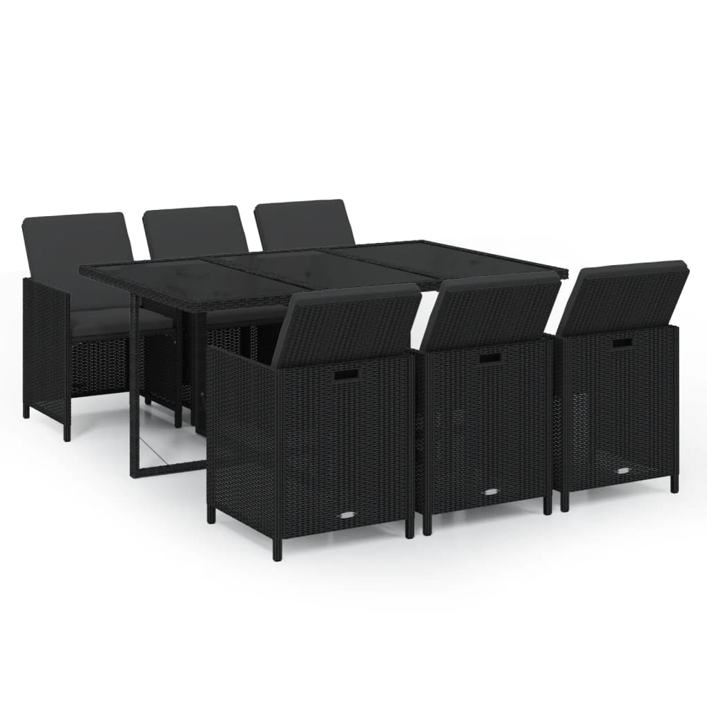 Juego comedor jardín 7 pzas con cojines ratán sintético negro
