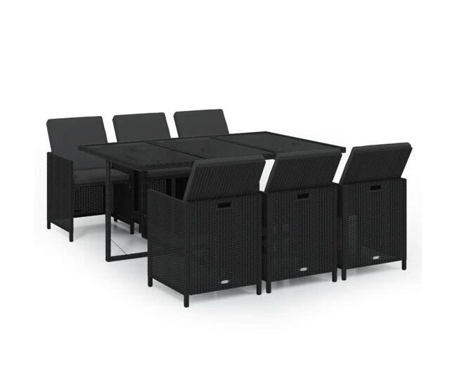 Juego comedor jardín 7 pzas con cojines ratán sintético negro