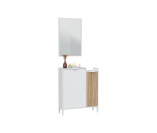 Mueble recibidor de 2 puertas y un espejo en blanco artik y natur 77 cm Nitza Blanco Artik (Blanco Mate) - Natur 77 x 91 x 24 cm