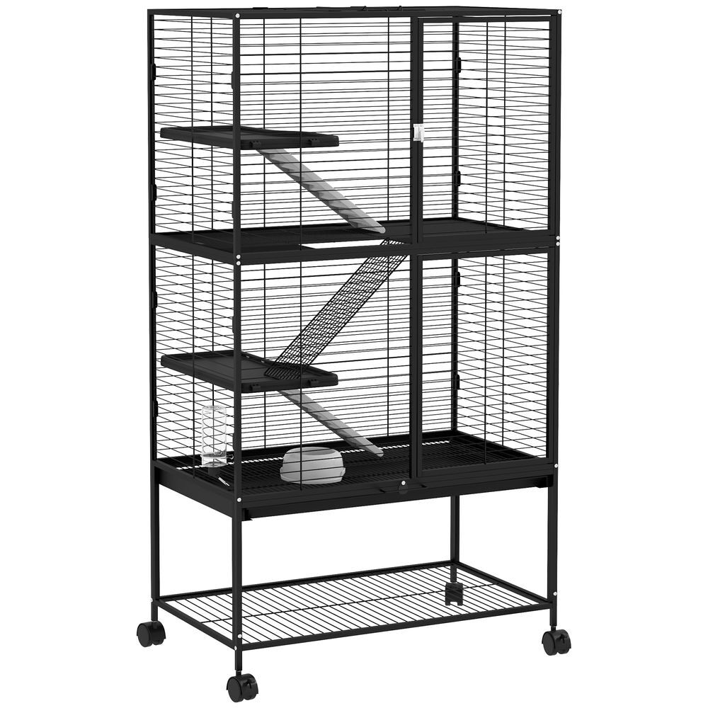 Pawhut jaula para animales pequeños de 4 niveles jaula para roedores con ruedas rampa cuenco botella de agua y bandeja extraíble recinto para conejos chinchillas hurones 78x45,5x136 cm negro