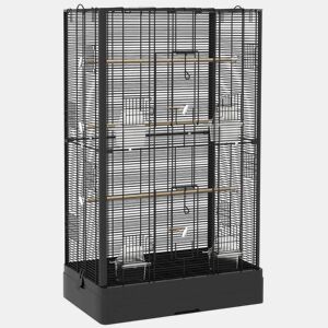 PawHut Gaiola para Pássaros 61x36,5x98 cm Gaiola para Aves com Portas Poleiros Bandeja Removível Caixas de Comida e Alças para Canários Periquitos Preto