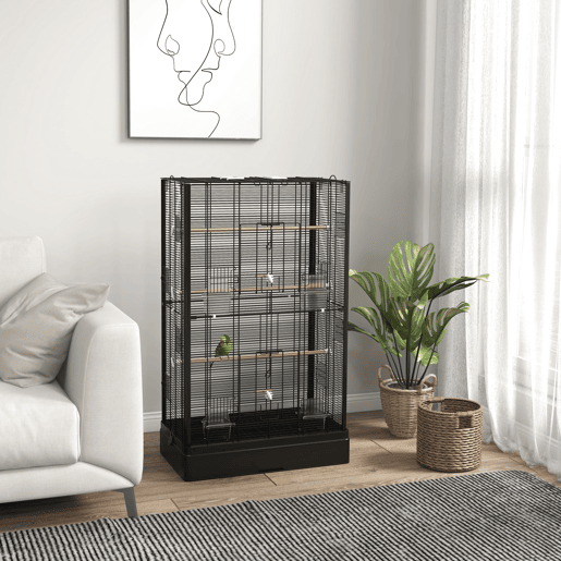 PawHut Gaiola para Pássaros 61x36,5x98 cm Gaiola para Aves com Portas Poleiros Bandeja Removível Caixas de Comida e Alças para Canários Periquitos Preto PawHut Gaiola para Pássaros 61x36,5x98 cm Gaiola para Aves com Portas Poleiros Bandeja Removível Caixas de Comida e Alças para Canários Periquitos Preto