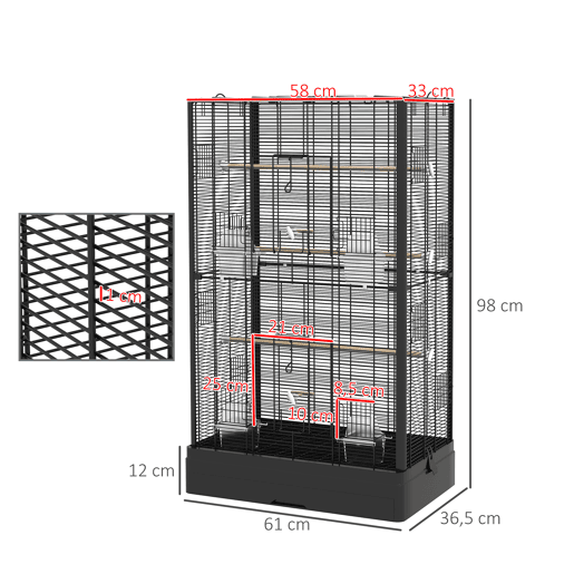 PawHut Gaiola para Pássaros 61x36,5x98 cm Gaiola para Aves com Portas Poleiros Bandeja Removível Caixas de Comida e Alças para Canários Periquitos Preto PawHut Gaiola para Pássaros 61x36,5x98 cm Gaiola para Aves com Portas Poleiros Bandeja Removível Caixas de Comida e Alças para Canários Periquitos Preto