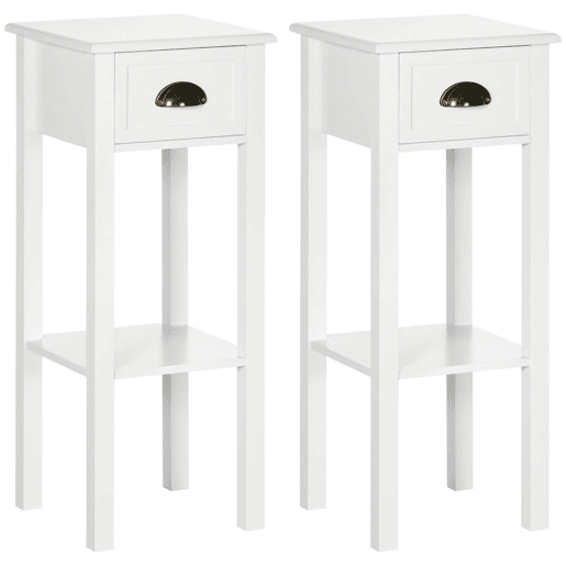 HOMCOM Conjunto de 2 Mesas de Apoio Mesas Auxiliares com Gaveta e Prateleira de Armazenamento Estilo Moderno para Sala de Estar Dormitório 30x30x75cm Branco