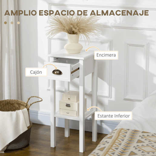 HOMCOM Conjunto de 2 Mesas de Apoio Mesas Auxiliares com Gaveta e Prateleira de Armazenamento Estilo Moderno para Sala de Estar Dormitório 30x30x75cm Branco