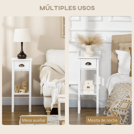 HOMCOM Conjunto de 2 Mesas de Apoio Mesas Auxiliares com Gaveta e Prateleira de Armazenamento Estilo Moderno para Sala de Estar Dormitório 30x30x75cm Branco