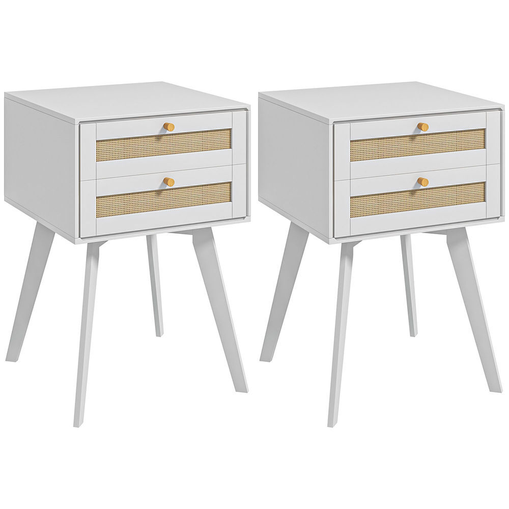 Homcom conjunto de 2 mesitas de noche mesillas de noche estilo cannage con 2 cajones y elemento de ratán mesitas auxiliares pequeñas para dormitorio salón 40x40x60 cm blanco
