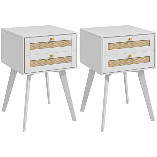 HOMCOM Conjunto de 2 Mesas de Cabeceira Mesas de Cabeceira Estilo Cannage com 2 Gavetas em Vime Mesas Auxiliares Pequenas para Dormitório Sala de Estar 40x40x60 cm Branco