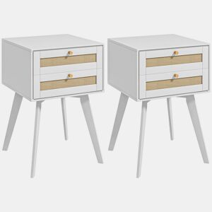 HOMCOM Conjunto de 2 Mesas de Cabeceira Mesas de Cabeceira Estilo Cannage com 2 Gavetas em Vime Mesas Auxiliares Pequenas para Dormitório Sala de Estar 40x40x60 cm Branco