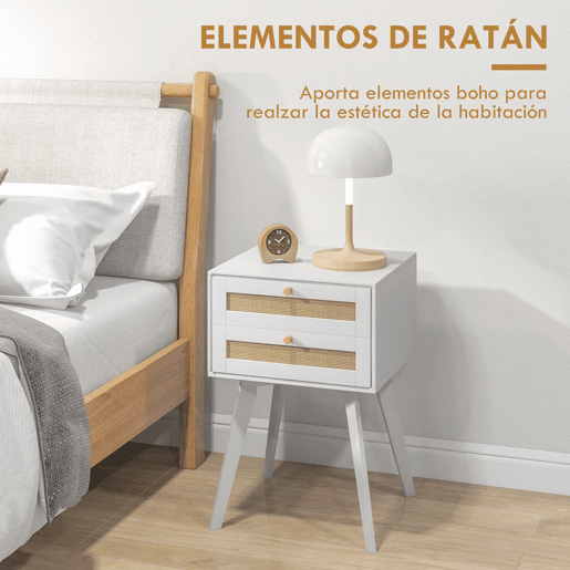 HOMCOM Conjunto de 2 Mesas de Cabeceira Mesas de Cabeceira Estilo Cannage com 2 Gavetas em Vime Mesas Auxiliares Pequenas para Dormitório Sala de Estar 40x40x60 cm Branco