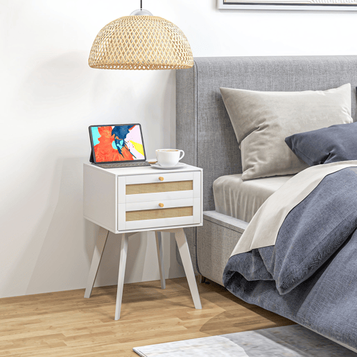 HOMCOM Conjunto de 2 Mesas de Cabeceira Mesas de Cabeceira Estilo Cannage com 2 Gavetas em Vime Mesas Auxiliares Pequenas para Dormitório Sala de Estar 40x40x60 cm Branco