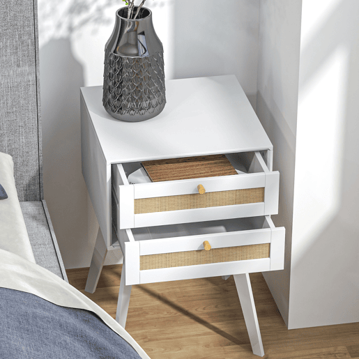HOMCOM Conjunto de 2 Mesas de Cabeceira Mesas de Cabeceira Estilo Cannage com 2 Gavetas em Vime Mesas Auxiliares Pequenas para Dormitório Sala de Estar 40x40x60 cm Branco