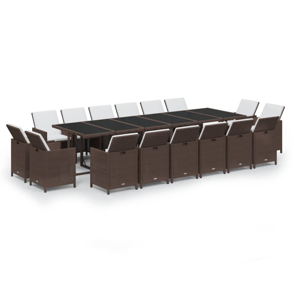 Juego comedor jardín 17 pzas con cojines ratán sintético marrón
