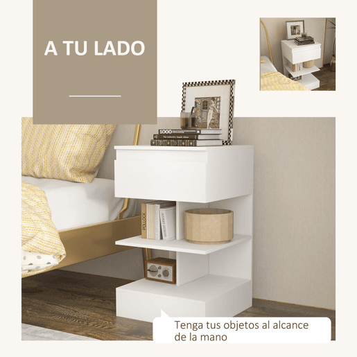 HOMCOM Mesa de Cabeceira Mesa Auxiliar com 1 Gaveta e 2 Prateleiras Abertas para Quarto Sala Cama Escritório Estilo Moderno 39x39x65 cm Branco