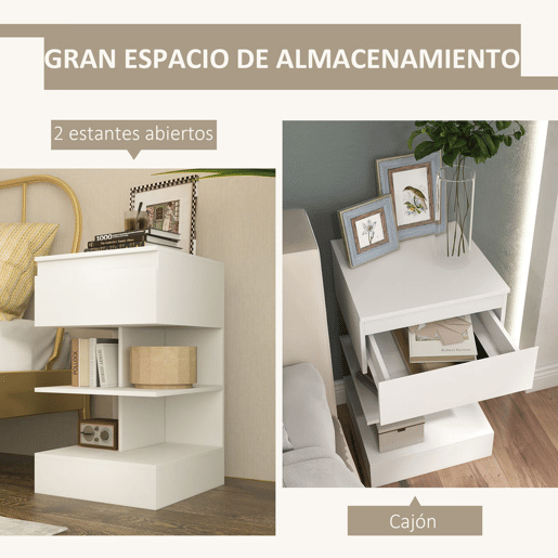 HOMCOM Mesa de Cabeceira Mesa Auxiliar com 1 Gaveta e 2 Prateleiras Abertas para Quarto Sala Cama Escritório Estilo Moderno 39x39x65 cm Branco